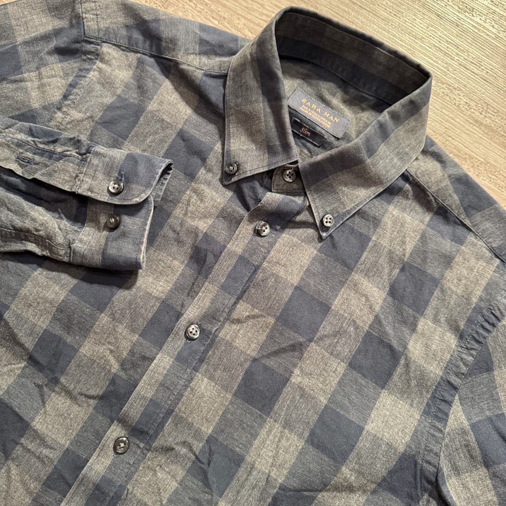 Zara Man Shirt Mens Small Blue Gray Buffalo Check Cotton Slim Fit Minimalist